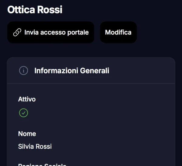 Scheda cliente in Dotify con il pulsante Invia accesso portale
