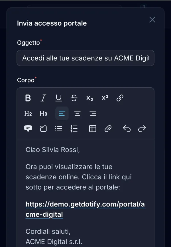 Email di accesso al portale clienti, con oggetto e testo modificabili