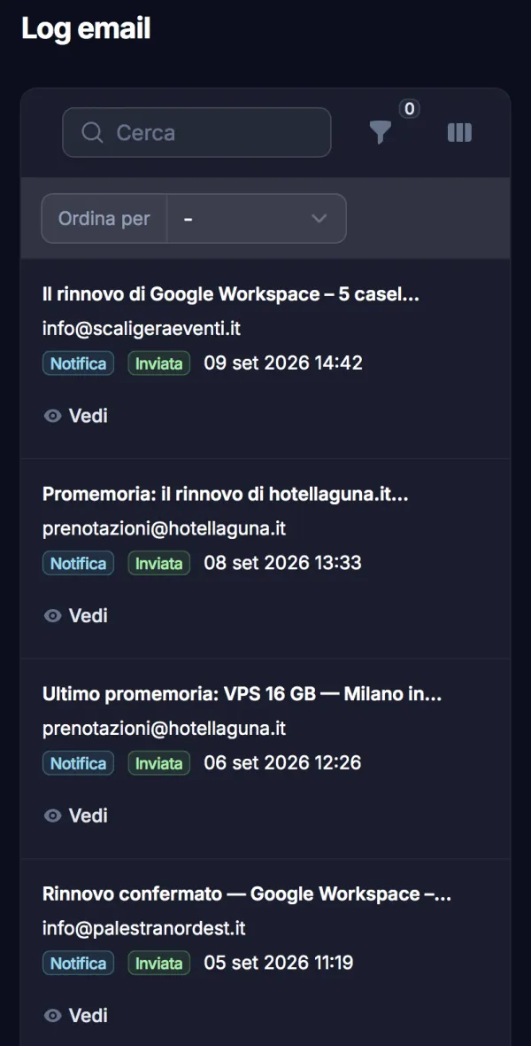 Log email di Dotify con i promemoria inviati ai clienti