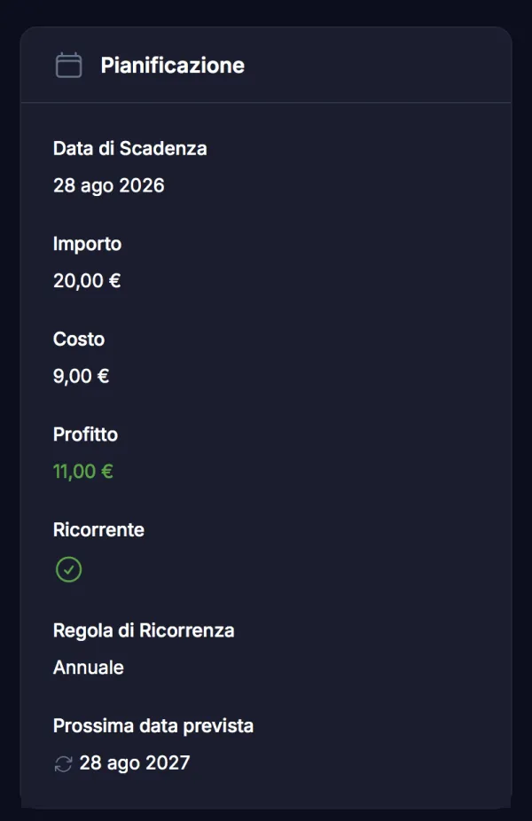 Scadenza ricorrente in Dotify: data, importo, costo, profitto, regola annuale e prossima data prevista